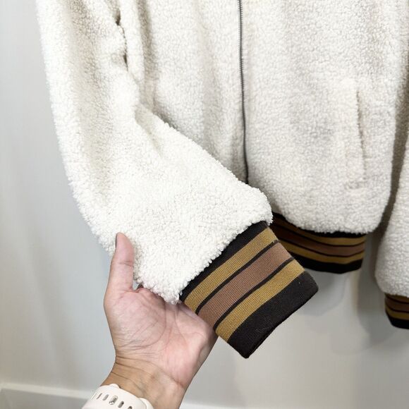 Mystree Jacket Womens Large Cream Brown Sherpa Teddy Bomber Stripe Faux Sherling - Picture 6 of 16